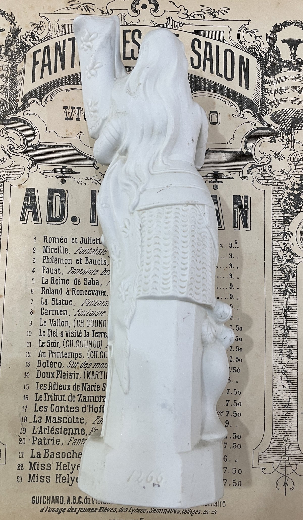 Rare Antique French St Joan of Arc Biscuit Porcelain Statue Dieu Le Veut c1920