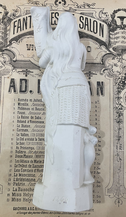 Rare Antique French St Joan of Arc Biscuit Porcelain Statue Dieu Le Veut c1920