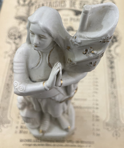 Rare Antique French St Joan of Arc Biscuit Porcelain Statue Dieu Le Veut c1920