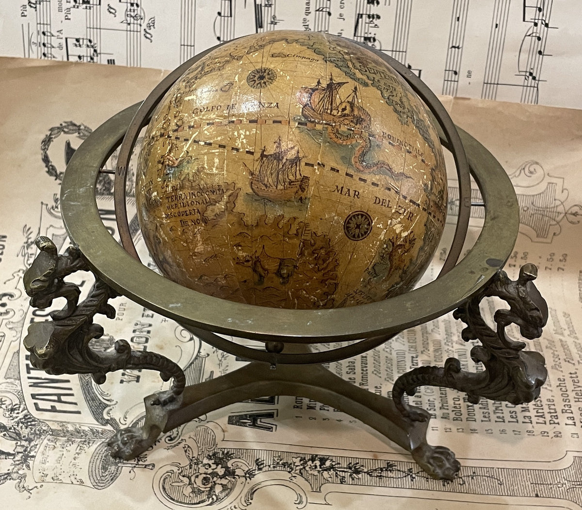 Rare Antique Italian Bronze Globe Dragon Chimera c1880