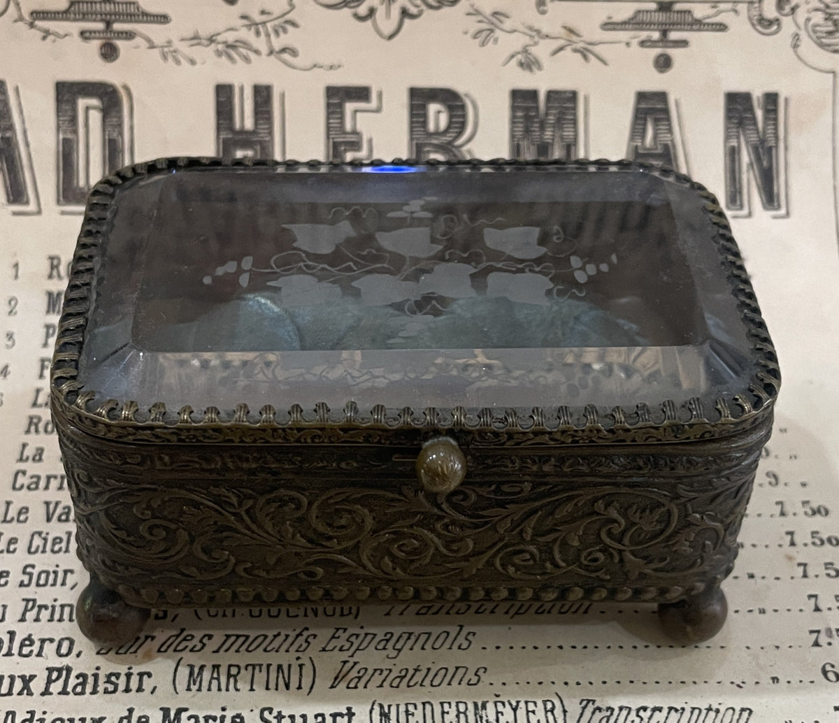 Antique French Jewelry Box / Casket Etched Glass Leaves c1900