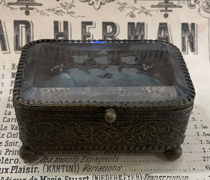 Antique French Jewelry Box / Casket Etched Glass Leaves c1900