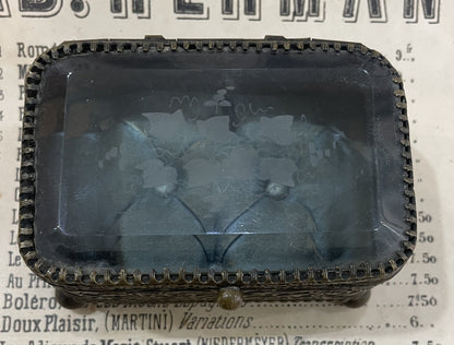 Antique French Jewelry Box / Casket Etched Glass Leaves c1900