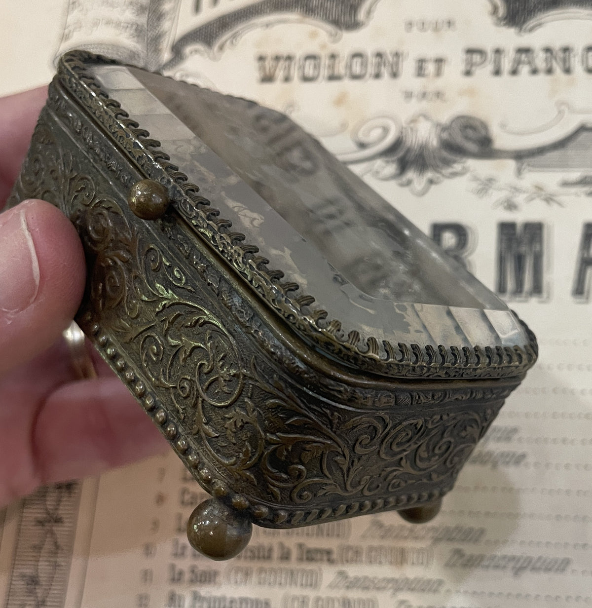 Antique French Jewelry Box / Casket Etched Glass Leaves c1900