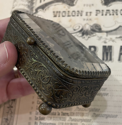 Antique French Jewelry Box / Casket Etched Glass Leaves c1900