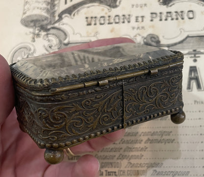 Antique French Jewelry Box / Casket Etched Glass Leaves c1900