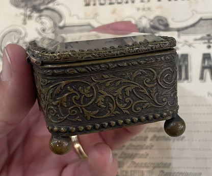 Antique French Jewelry Box / Casket Etched Glass Leaves c1900