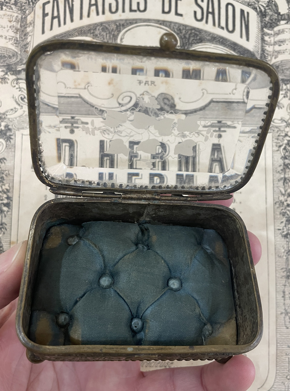 Antique French Jewelry Box / Casket Etched Glass Leaves c1900