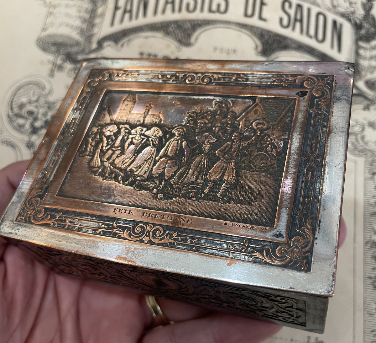 Rare Antique French Bronze Jewelry Box Signed Wicker c1920