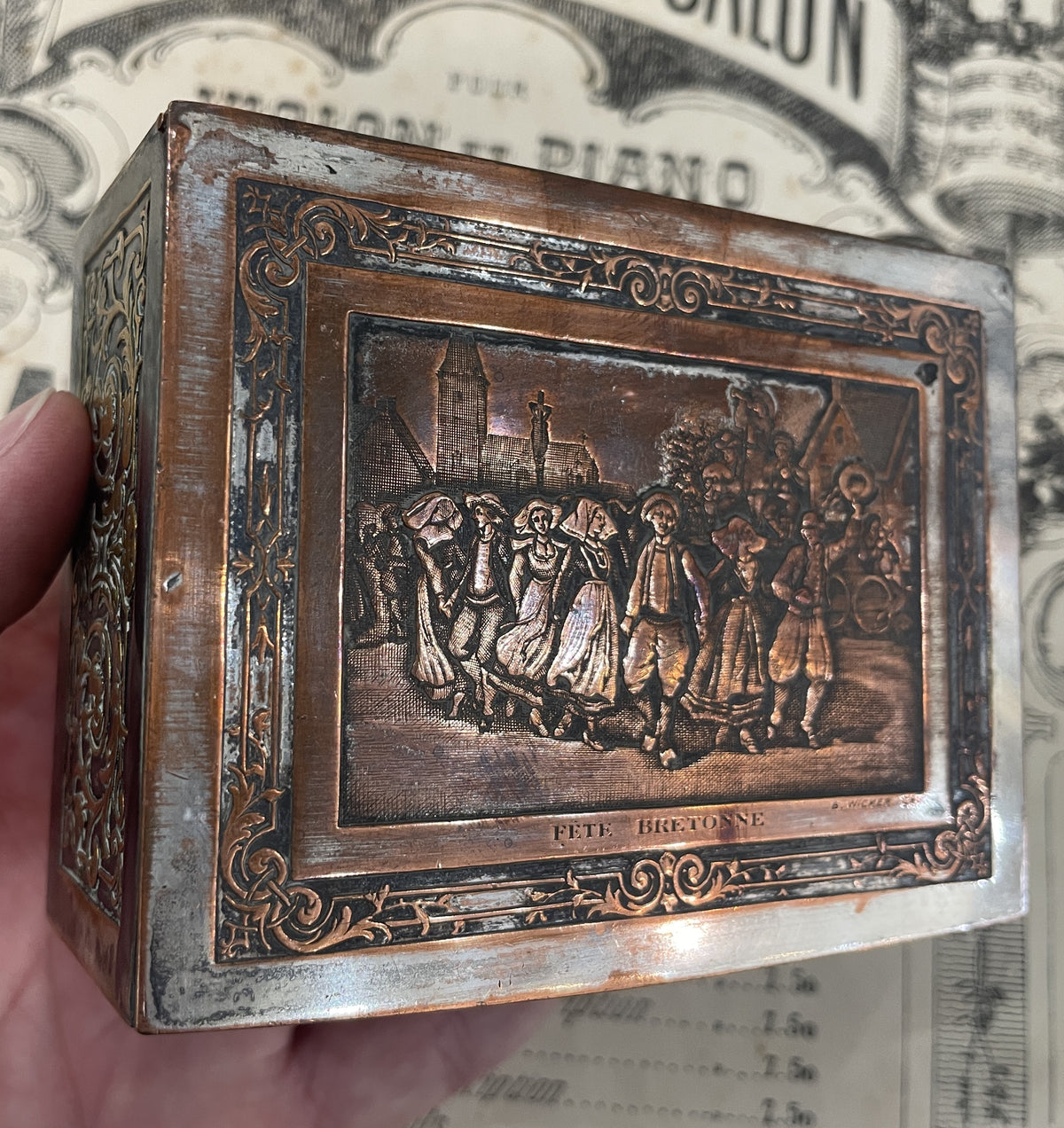 Rare Antique French Bronze Jewelry Box Signed Wicker c1920