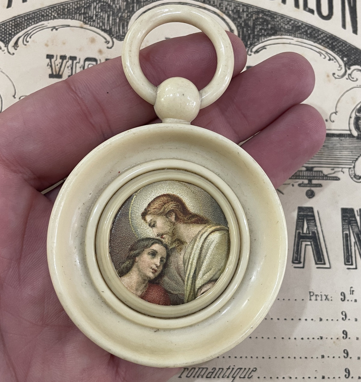 Antique French Crib Cradle Protector Jesus Mary Magdalene Celluloid Baptism c1920