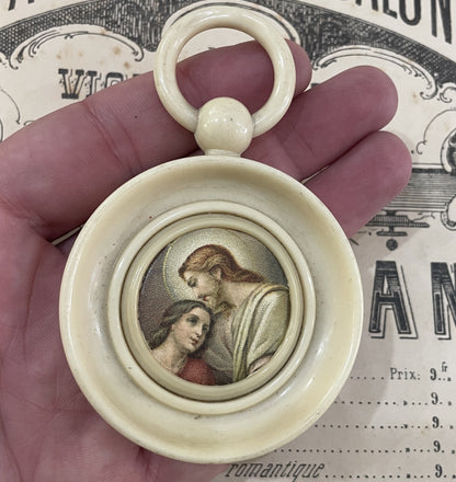 Antique French Crib Cradle Protector Jesus Mary Magdalene Celluloid Baptism c1920