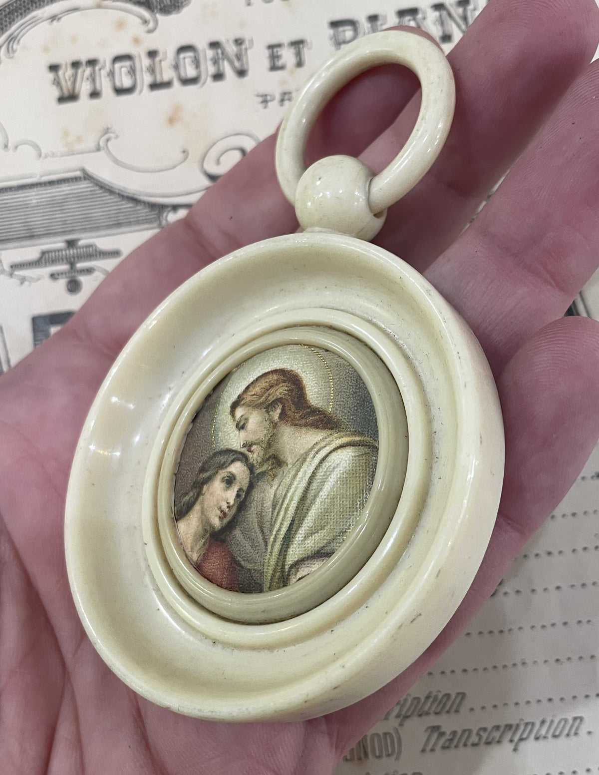 Antique French Crib Cradle Protector Jesus Mary Magdalene Celluloid Baptism c1920