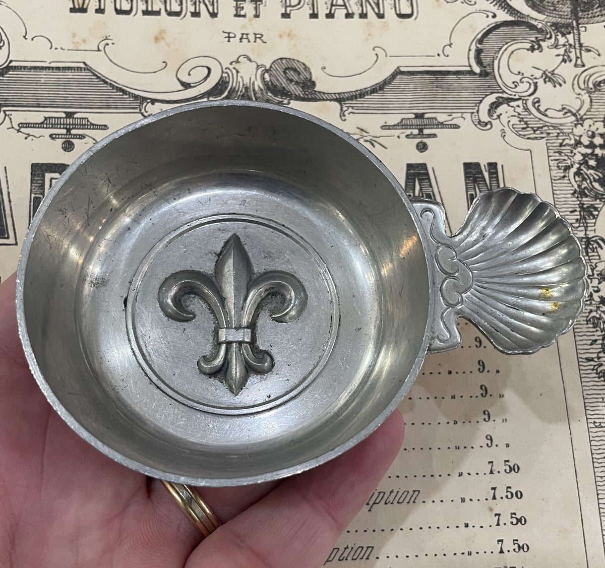 Antique French Art Nouveau Pewter Tastevin Wine Tasting Cup Fleur de Lys 1940