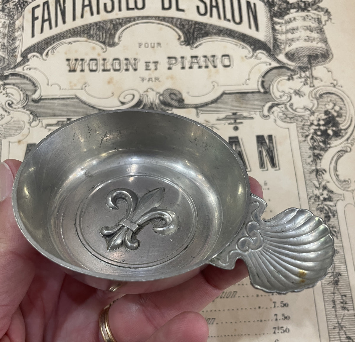 Antique French Art Nouveau Pewter Tastevin Wine Tasting Cup Fleur de Lys 1940