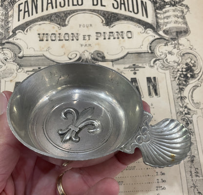 Antique French Art Nouveau Pewter Tastevin Wine Tasting Cup Fleur de Lys 1940