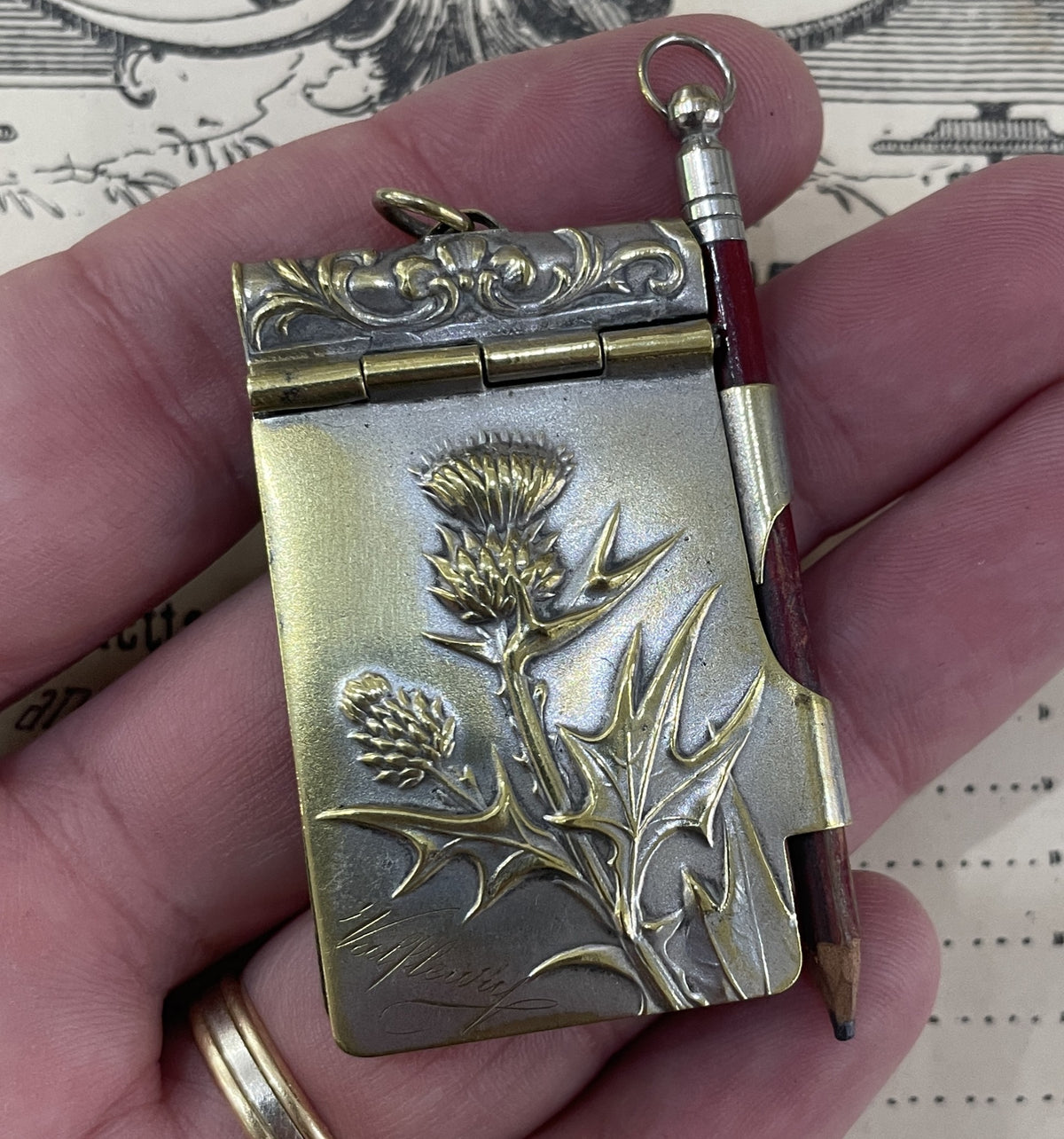 Antique French Art Nouveau Dance Card Thistle c1900