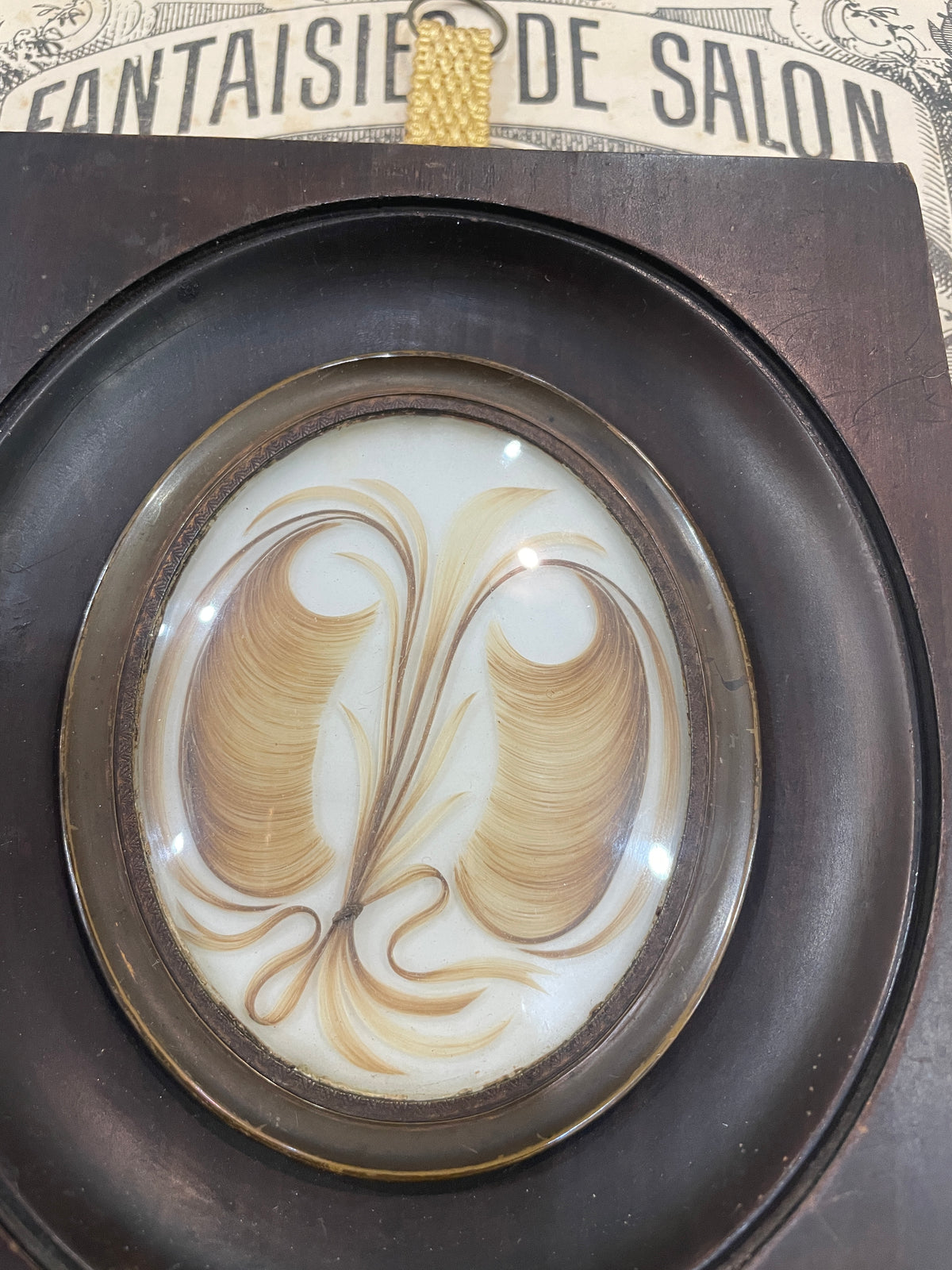Rare Antique French Mourning Hair Art Domed Glass Wooden Frame c1860