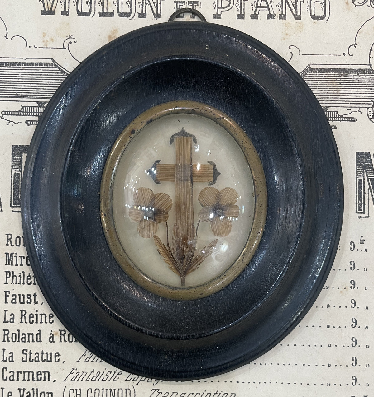 Antique French Mourning Hair Art Domed Glass Wooden Frame c1880