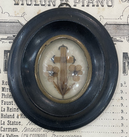 Antique French Mourning Hair Art Domed Glass Wooden Frame c1880