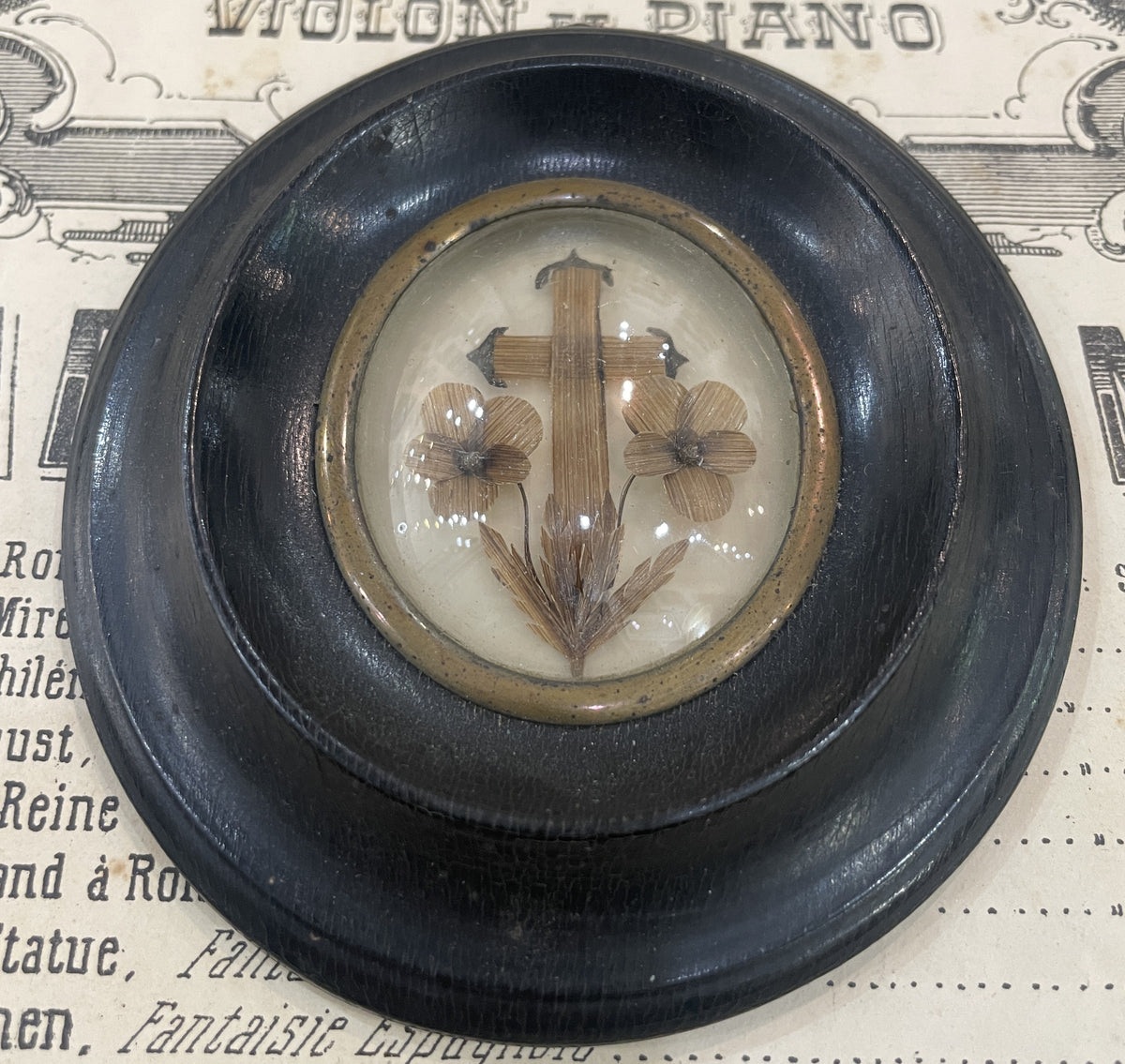 Antique French Mourning Hair Art Domed Glass Wooden Frame c1880