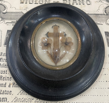 Antique French Mourning Hair Art Domed Glass Wooden Frame c1880
