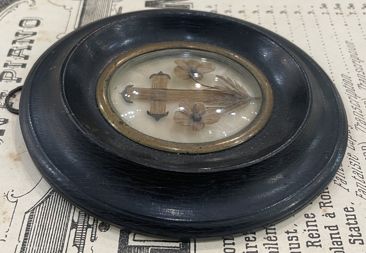 Antique French Mourning Hair Art Domed Glass Wooden Frame c1880