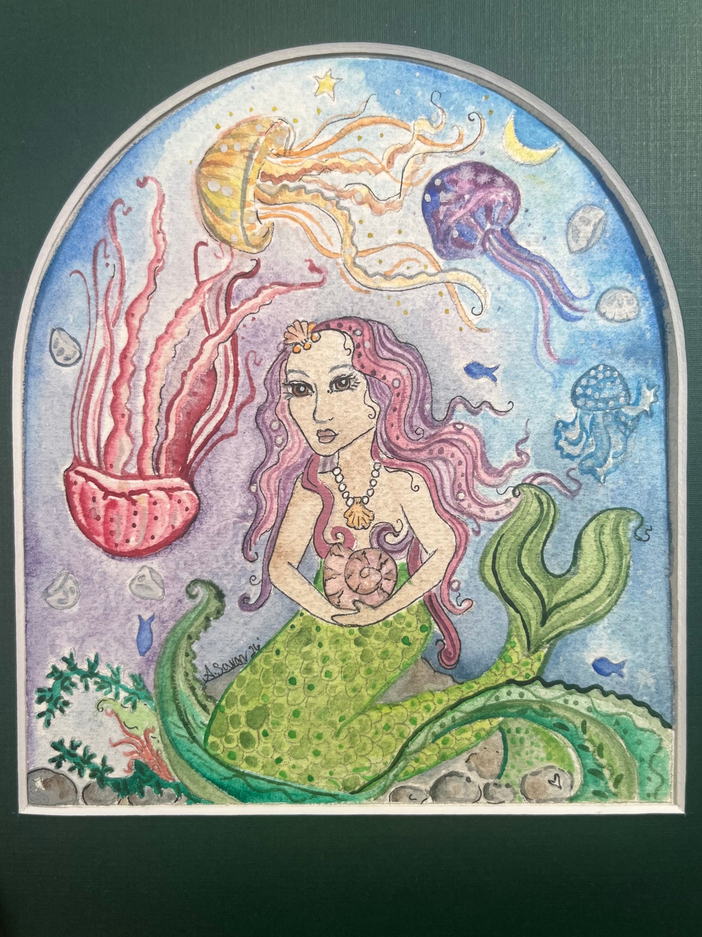 Mermaid and Jellyfish Symphony - Original Framed Watercolor