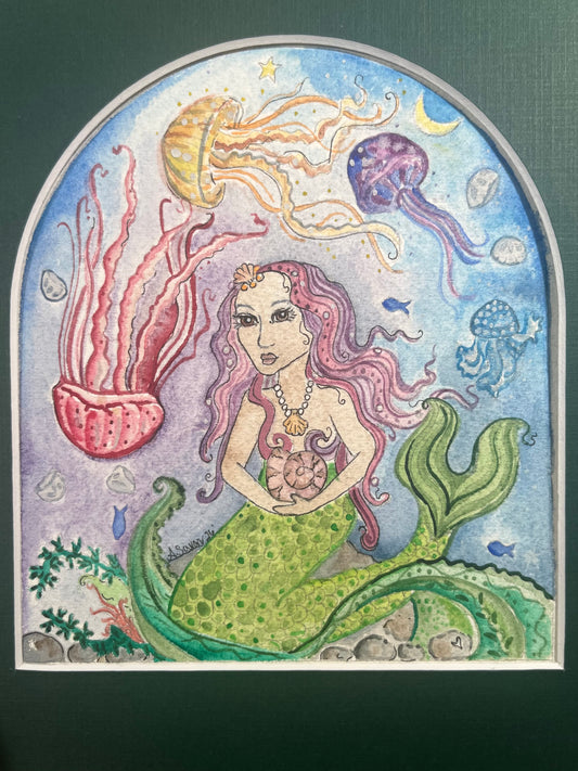 Mermaid and Jellyfish Symphony - Original Framed Watercolor