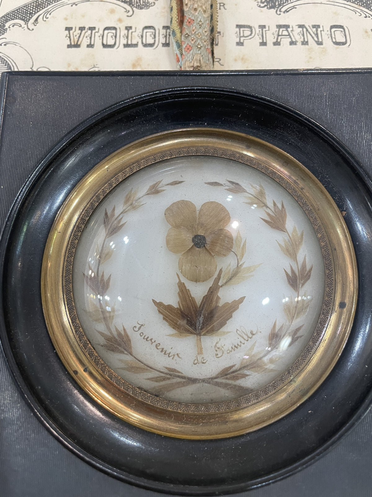 Rare Antique French Mourning Hair Art Domed Glass Wooden Frame c1860