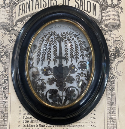Rare Large Antique French Mourning Hair Art Domed Glass Wooden Frame Heart c1880