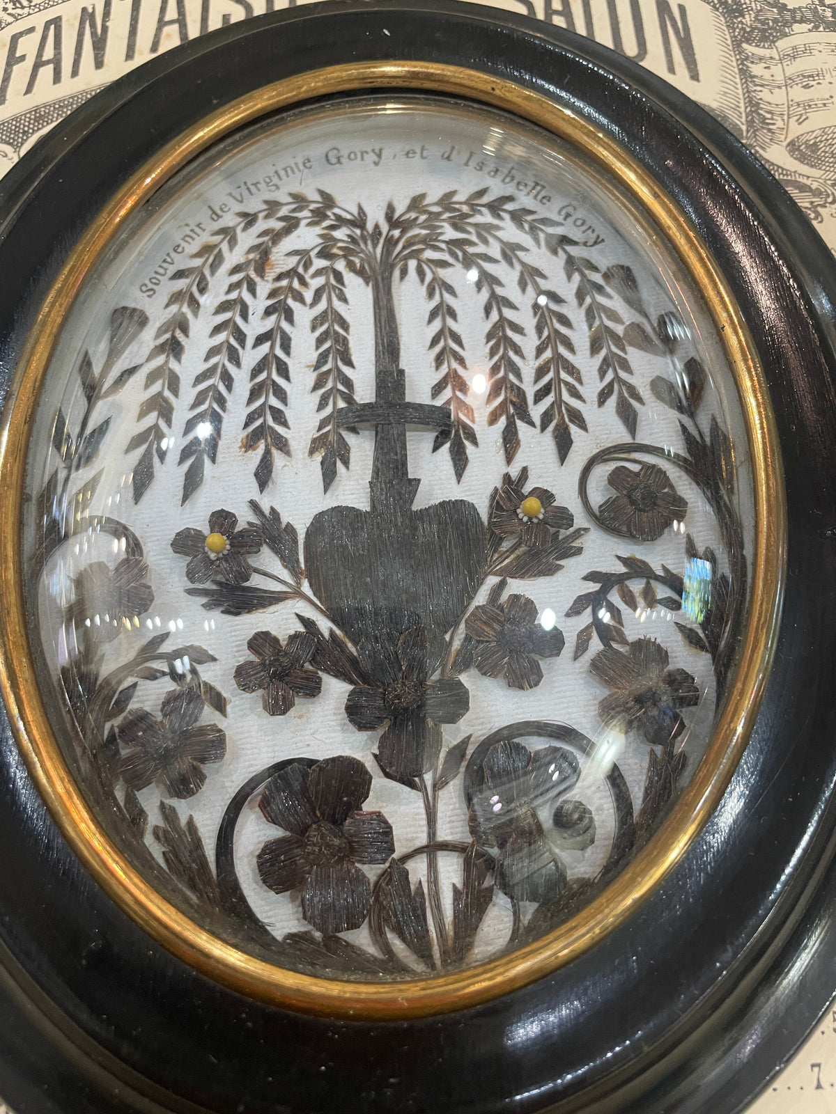 Rare Large Antique French Mourning Hair Art Domed Glass Wooden Frame Heart c1880
