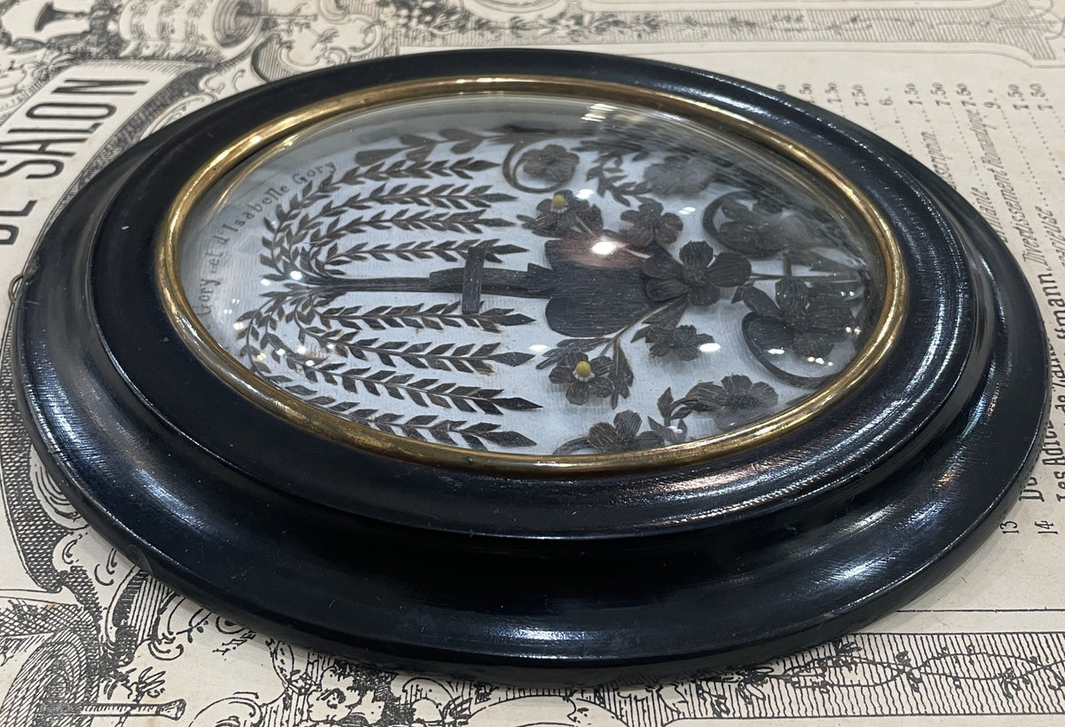 Rare Large Antique French Mourning Hair Art Domed Glass Wooden Frame Heart c1880