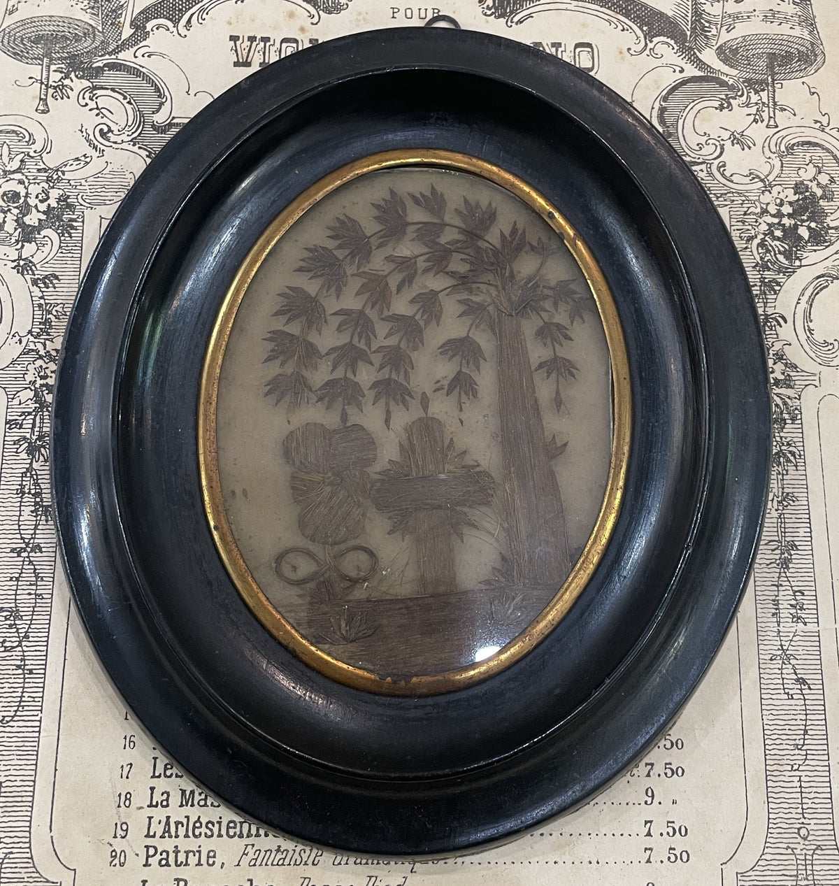 Rare Large Antique French Mourning Hair Art Domed Glass Wooden Frame c1880