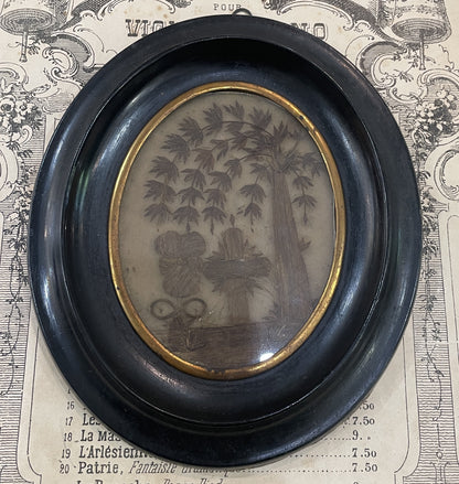 Rare Large Antique French Mourning Hair Art Domed Glass Wooden Frame c1880