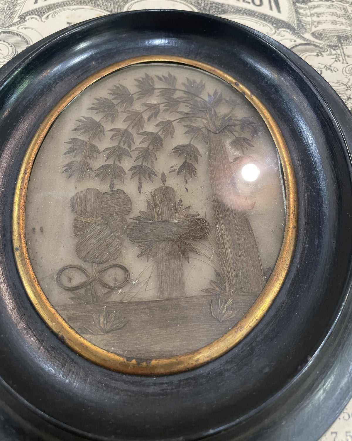 Rare Large Antique French Mourning Hair Art Domed Glass Wooden Frame c1880