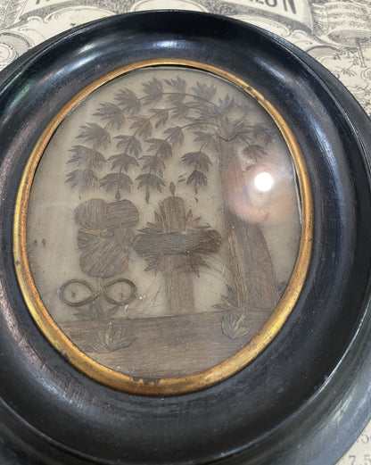 Rare Large Antique French Mourning Hair Art Domed Glass Wooden Frame c1880
