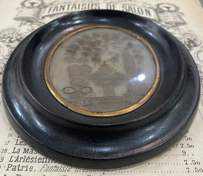 Rare Large Antique French Mourning Hair Art Domed Glass Wooden Frame c1880