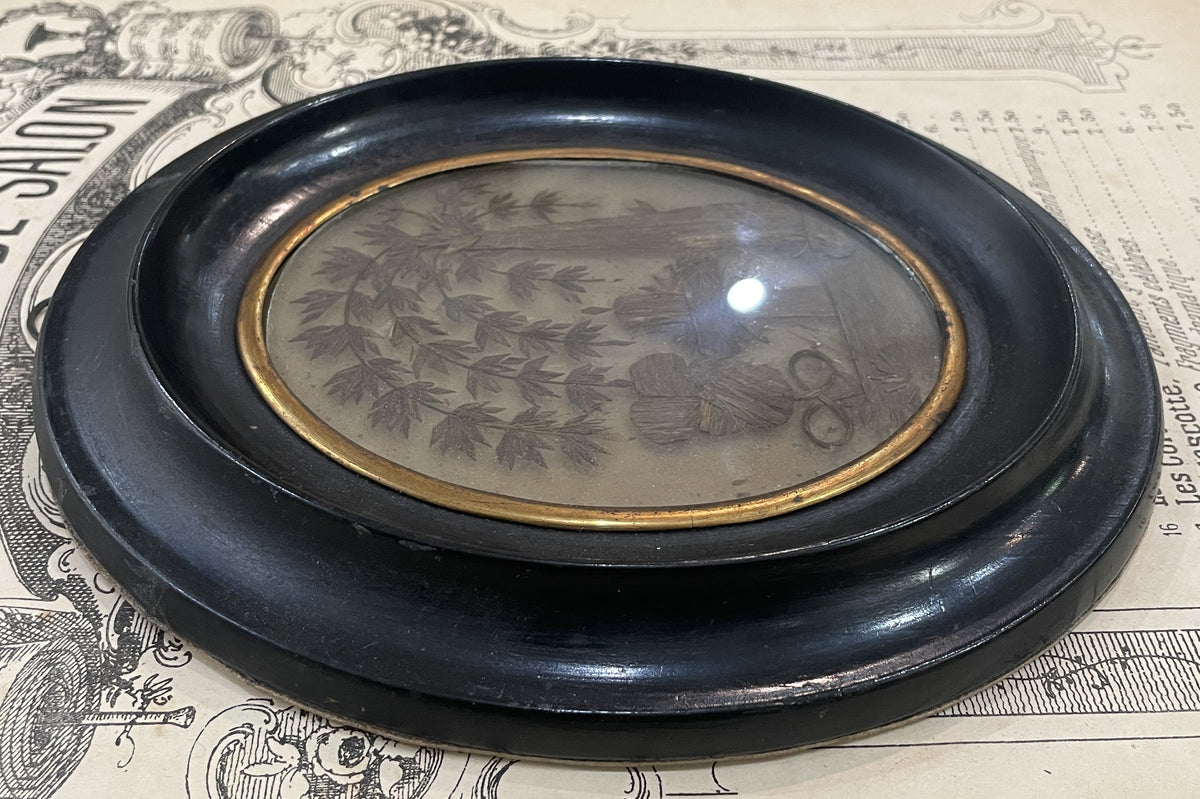 Rare Large Antique French Mourning Hair Art Domed Glass Wooden Frame c1880