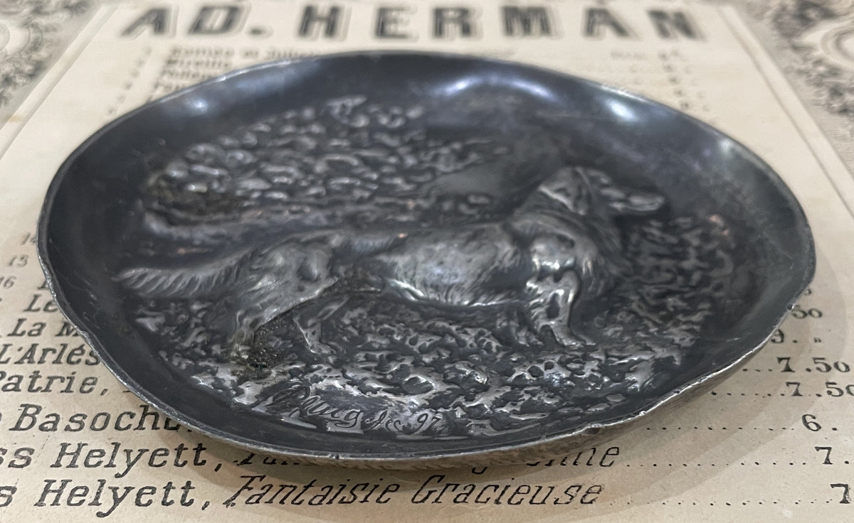 Antique French Art Nouveau Pewter Tray Dog c1897