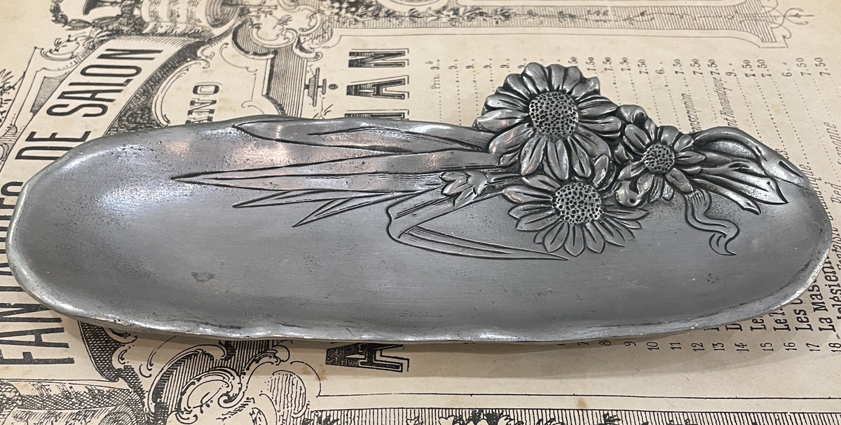 Antique French Art Nouveau Pewter Tray Flower Daisy c1920