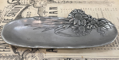Antique French Art Nouveau Pewter Tray Flower Daisy c1920