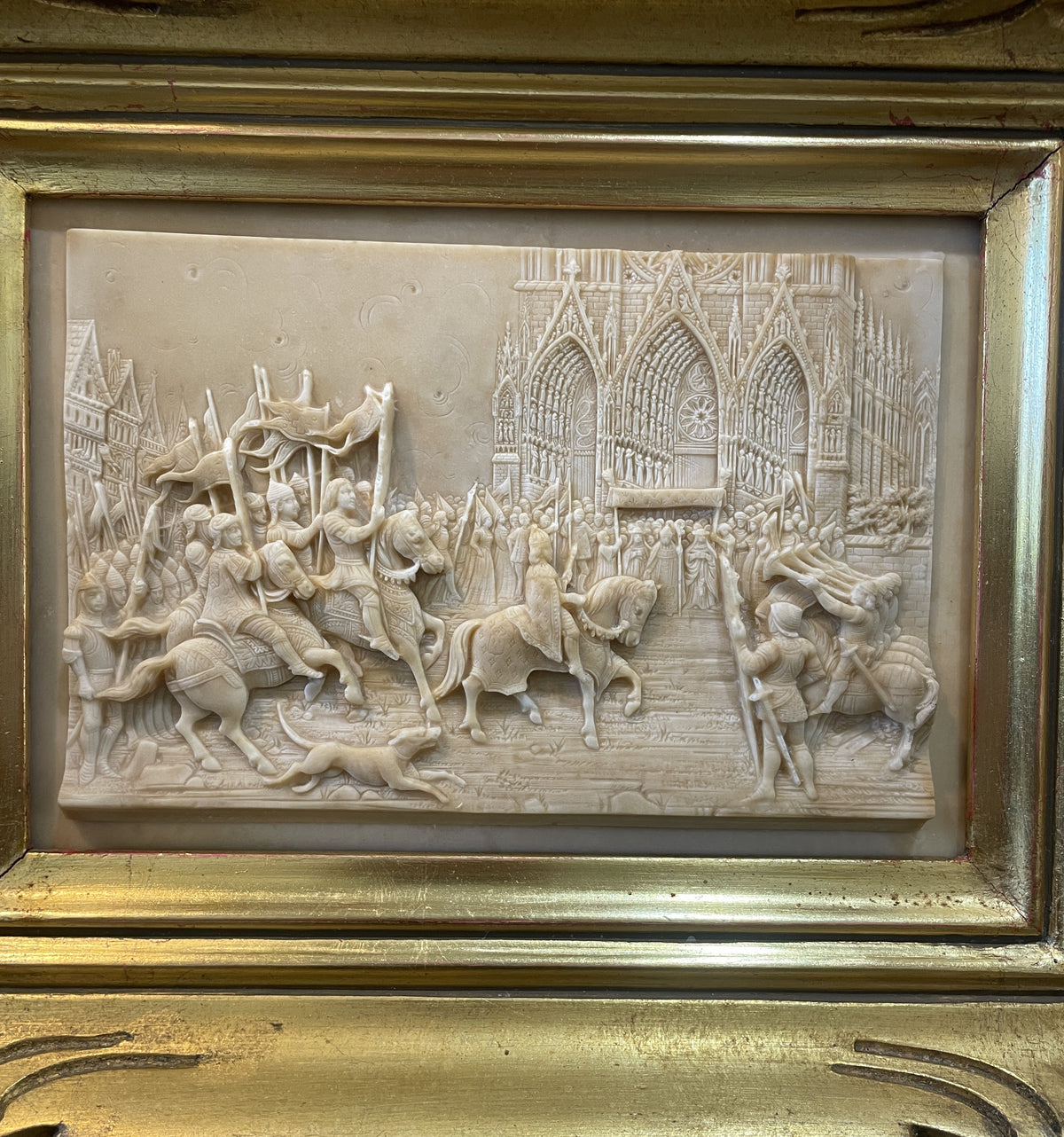 RARE Large Antique French Petrifying Well Joan of Arc Reims Plaque Framed c1900