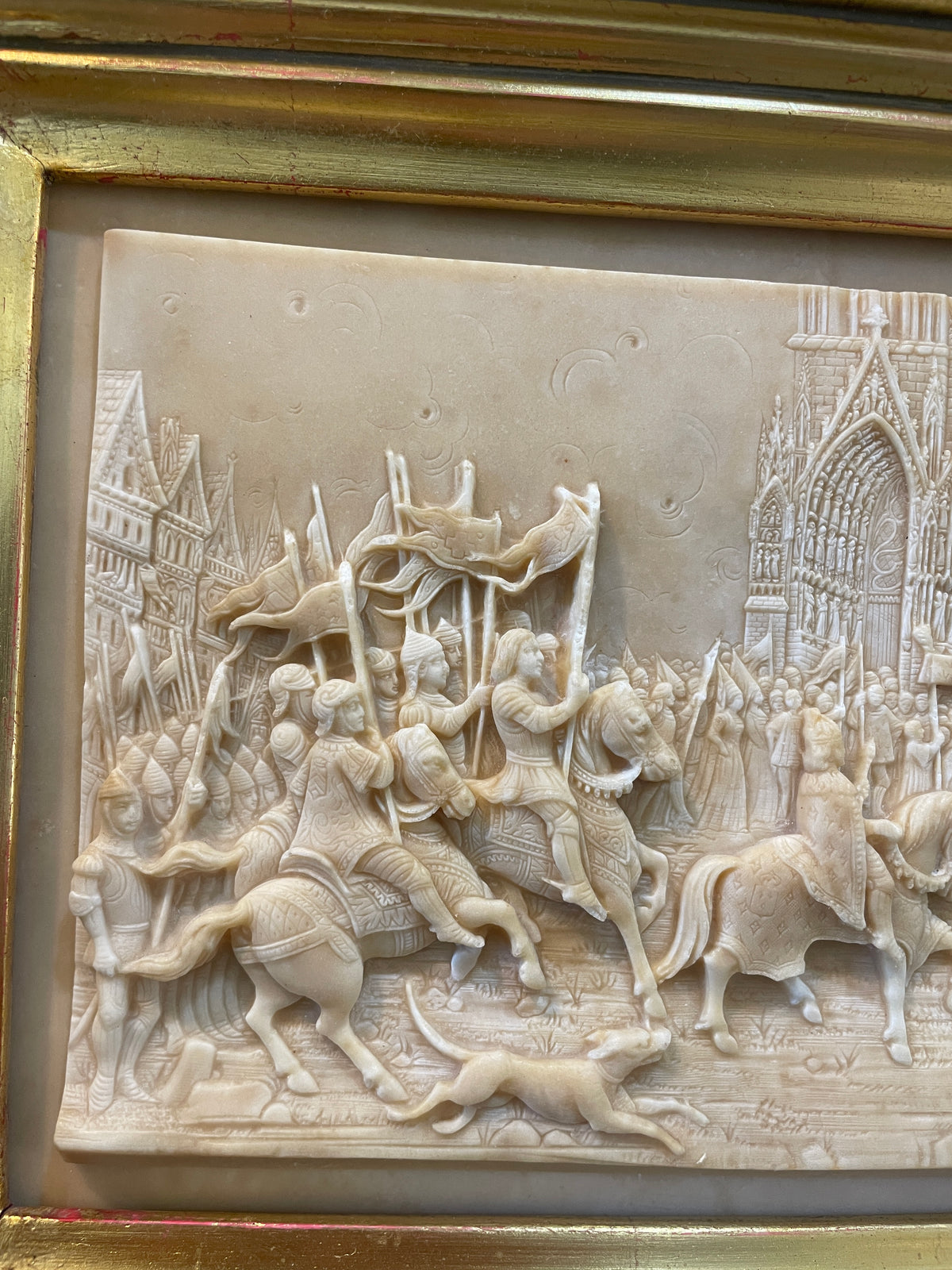 RARE Large Antique French Petrifying Well Joan of Arc Reims Plaque Framed c1900