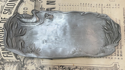 Antique French Art Nouveau Pewter Tray Ducks Pond Cattails c1920
