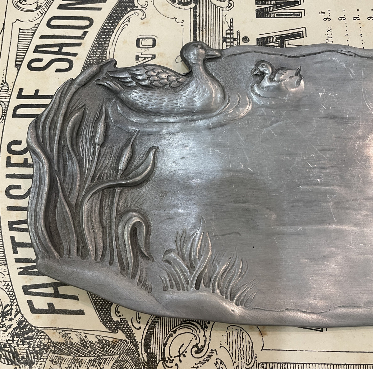 Antique French Art Nouveau Pewter Tray Ducks Pond Cattails c1920