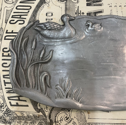 Antique French Art Nouveau Pewter Tray Ducks Pond Cattails c1920