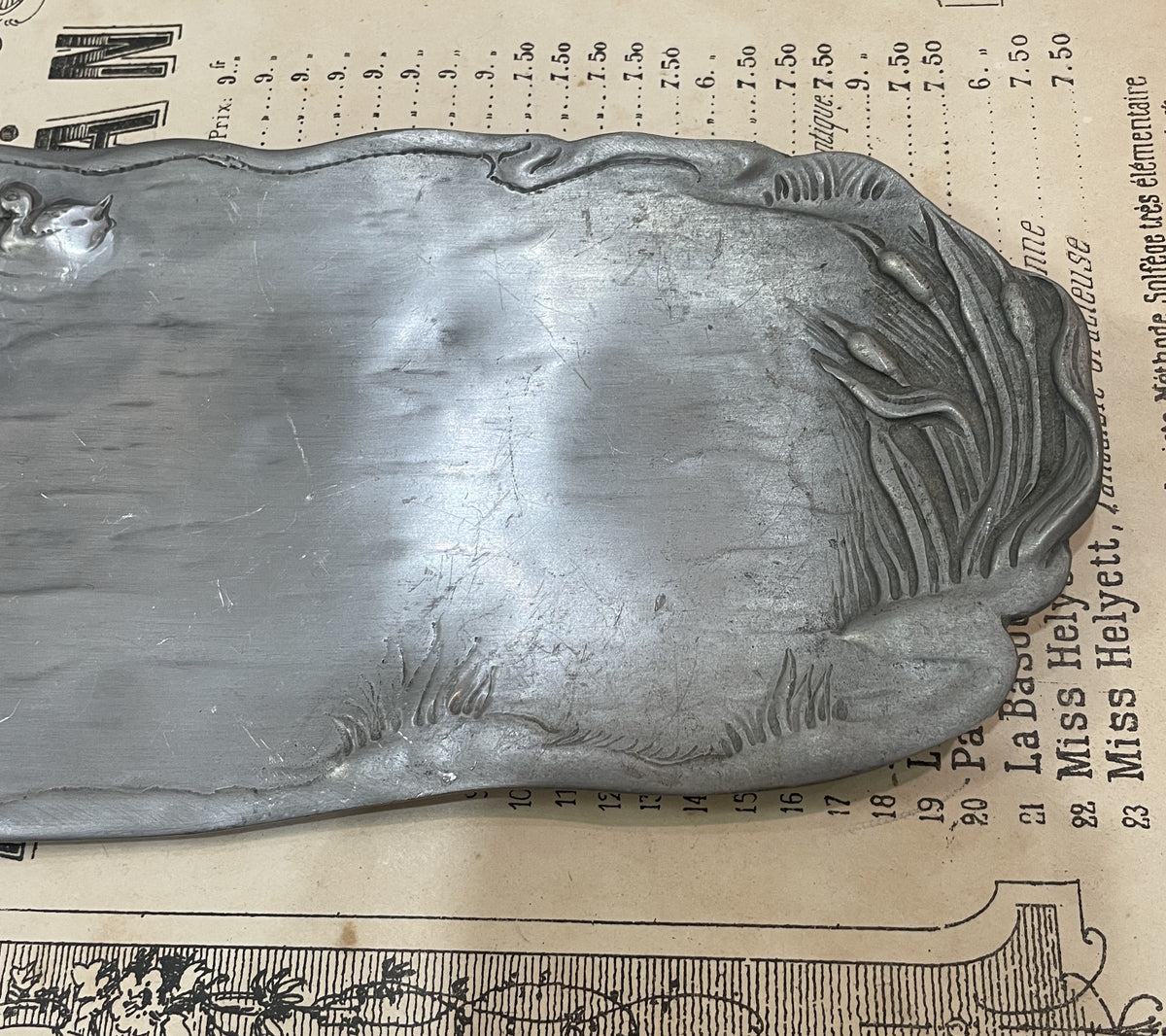 Antique French Art Nouveau Pewter Tray Ducks Pond Cattails c1920