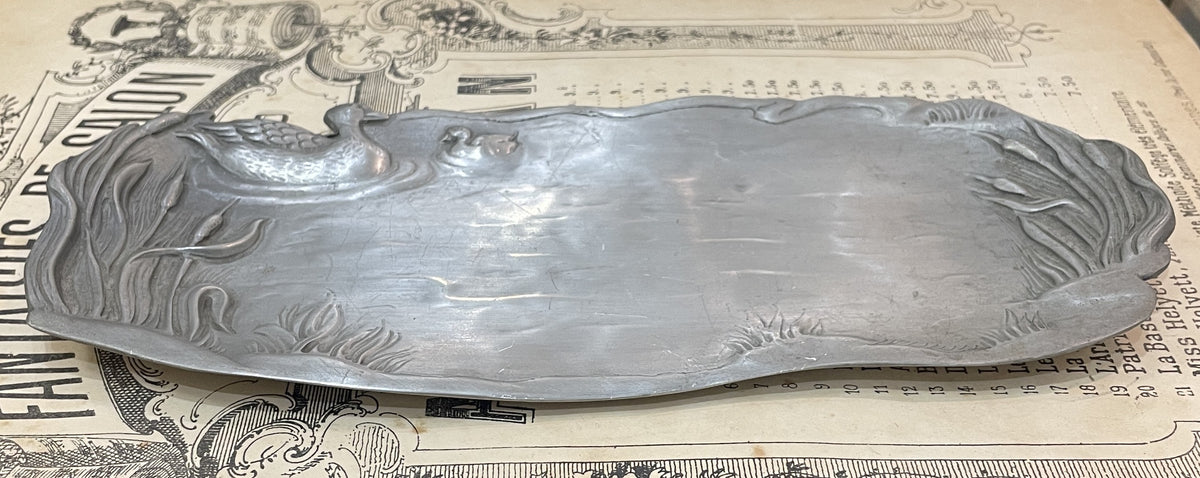 Antique French Art Nouveau Pewter Tray Ducks Pond Cattails c1920