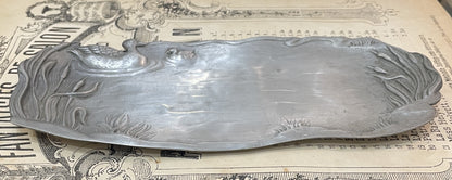 Antique French Art Nouveau Pewter Tray Ducks Pond Cattails c1920